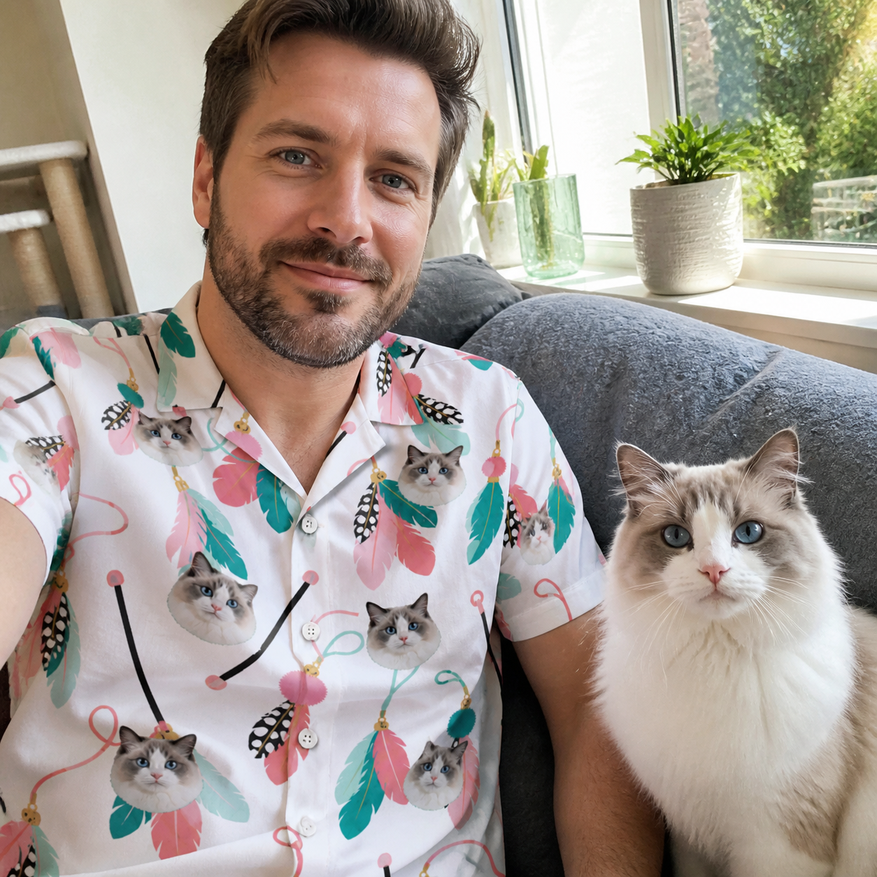Selfie with the pet whose face is printed all over this Men's Teaser Tornado Custom Cat Face Hawaiian Shirt