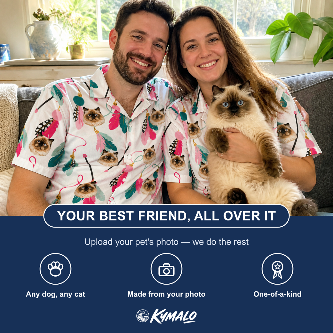 Friends in matching Men's Teaser Tornado Custom Cat Face Hawaiian Shirt — a group gift photo