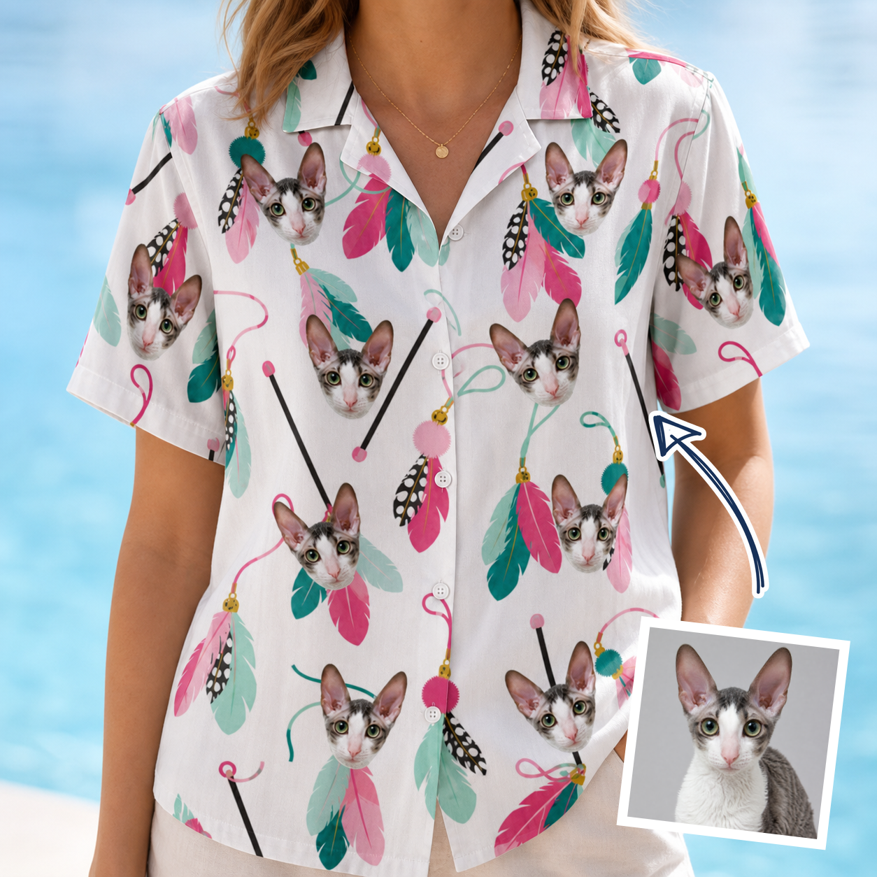 Woman wearing Women's Teaser Tornado Custom Cat Face Hawaiian Shirt — custom faces printed all-over
