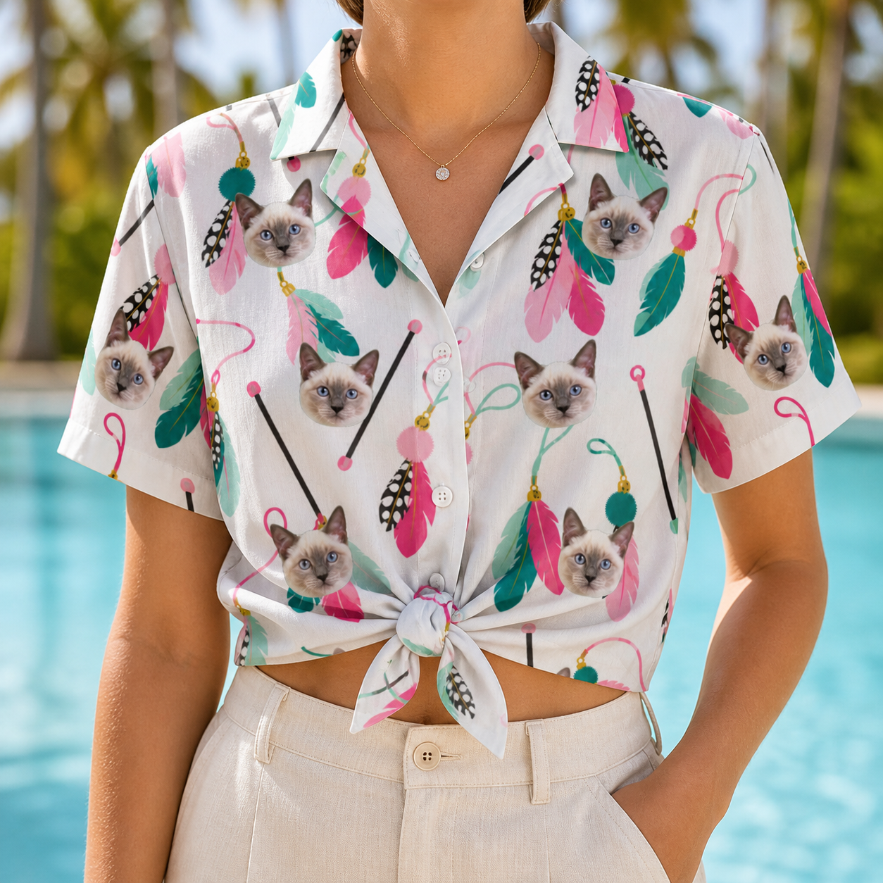Woman wearing Women's Teaser Tornado Custom Cat Face Hawaiian Shirt tied at the waist
