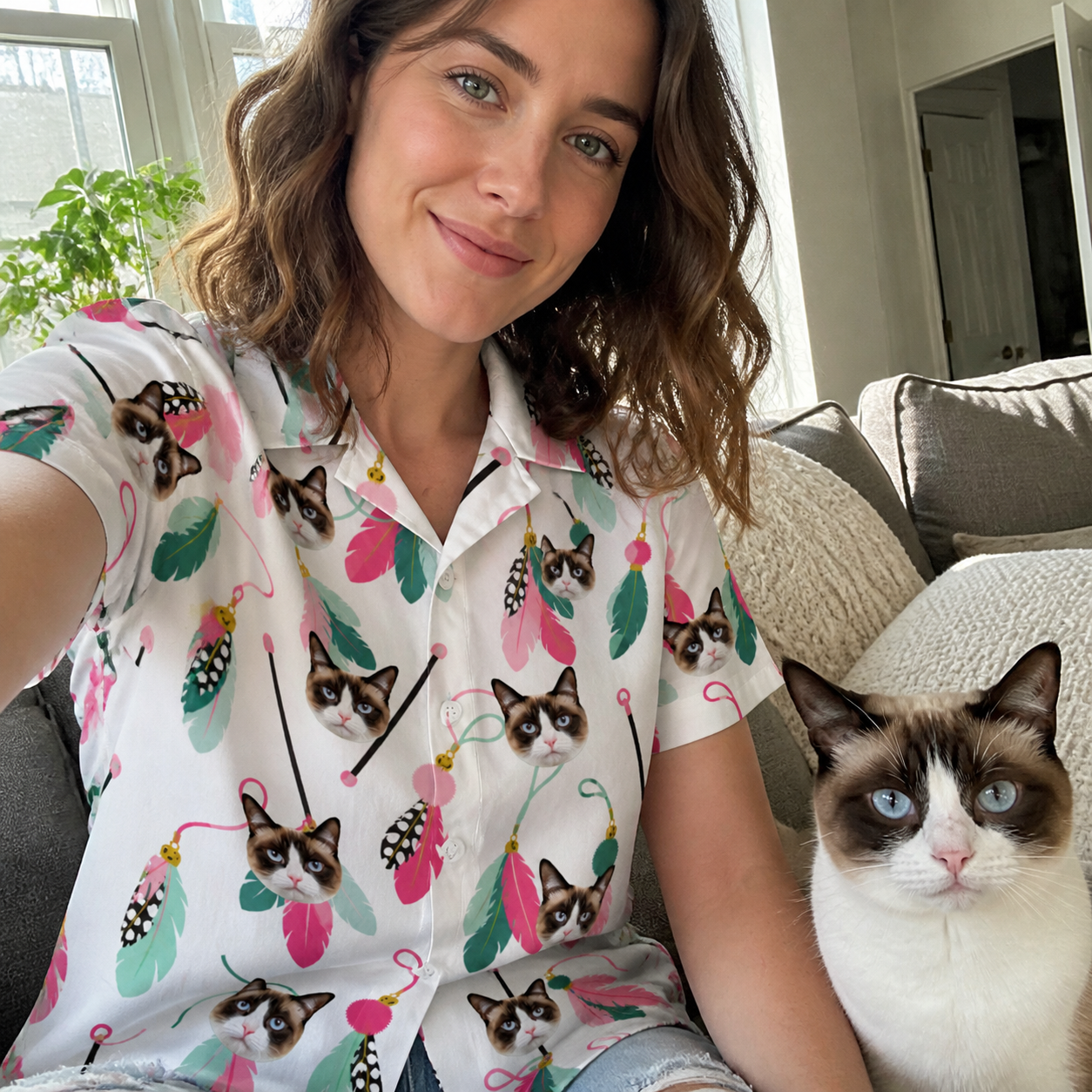 Selfie with the pet whose face is printed all over this Women's Teaser Tornado Custom Cat Face Hawaiian Shirt