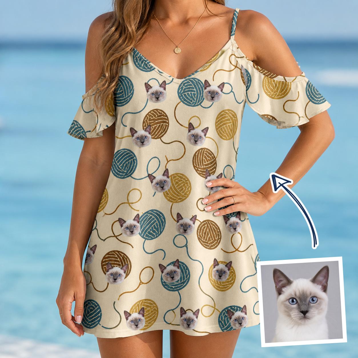 Woman wearing Women's Bobbin Bengals Custom Cat Face Off-Shoulder Dress — custom faces printed all-over
