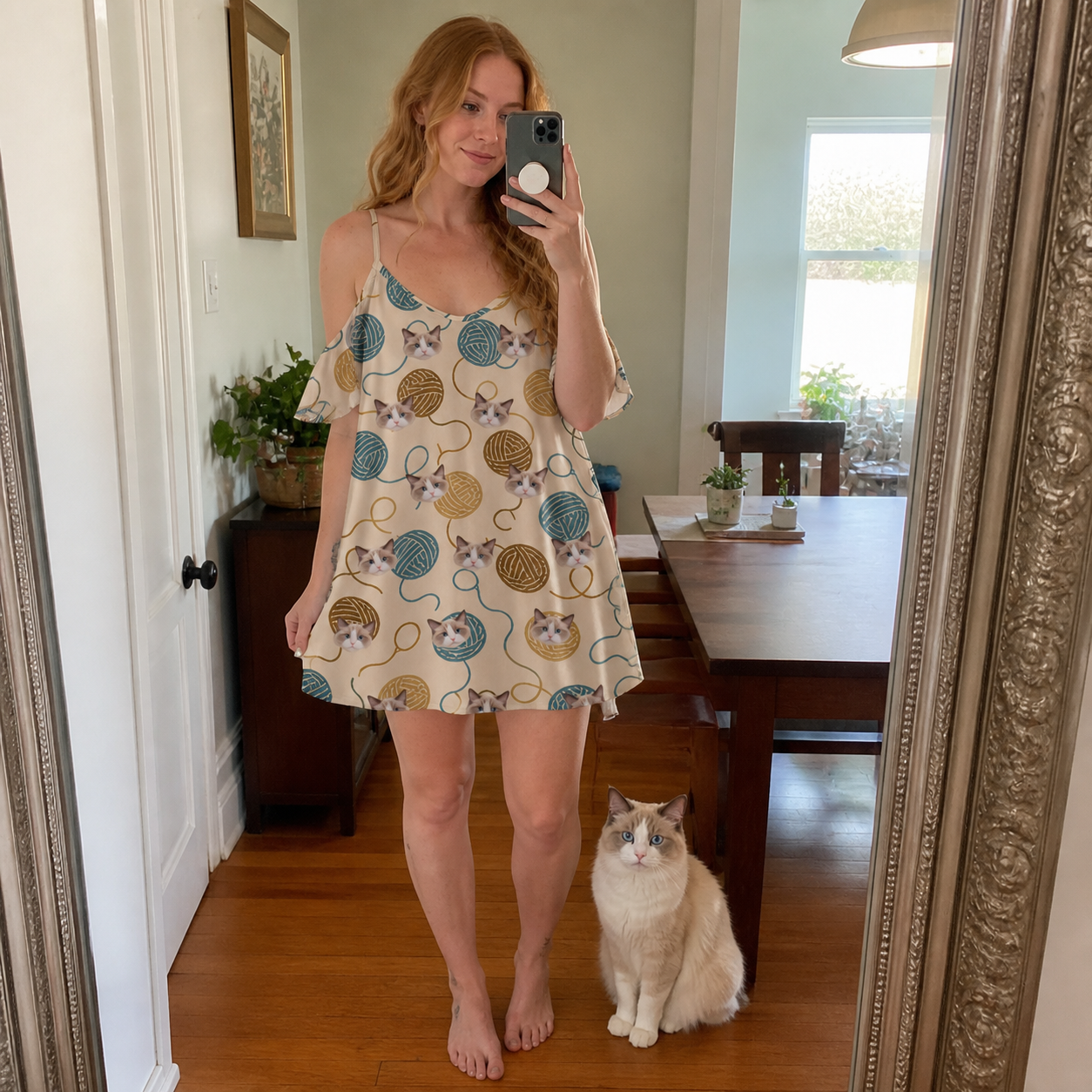 Full-length photo with the pet printed all over this Women's Bobbin Bengals Custom Cat Face Off-Shoulder Dress