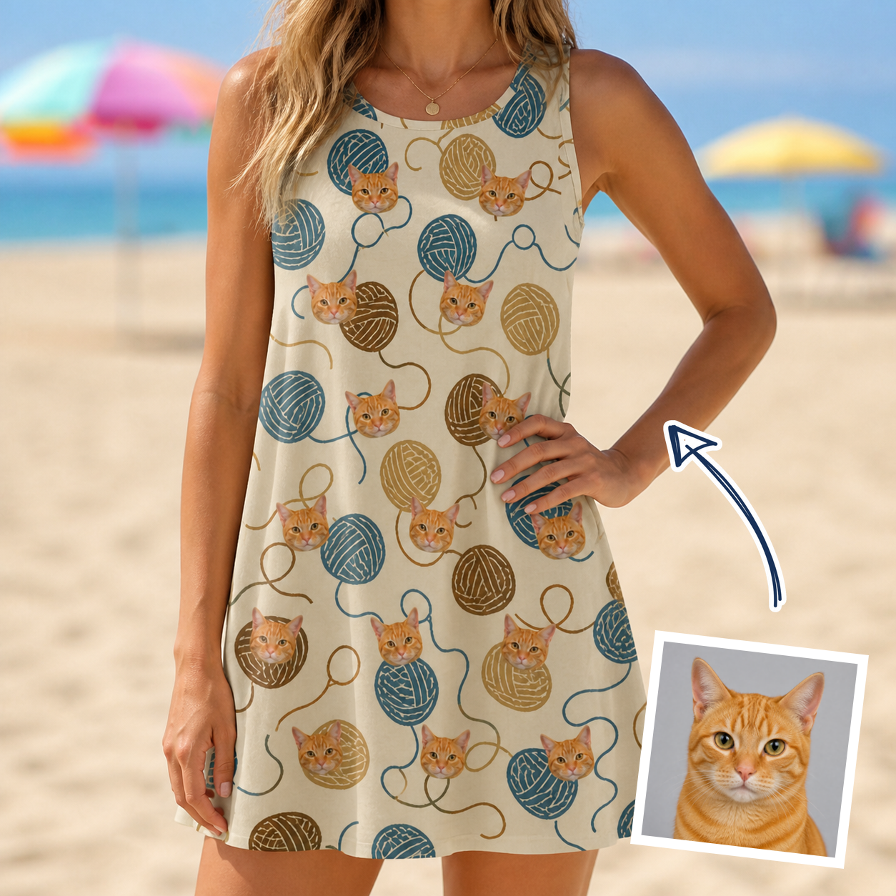 Woman wearing Women's Bobbin Bengals Custom Cat Face Tank Dress — custom faces printed all-over