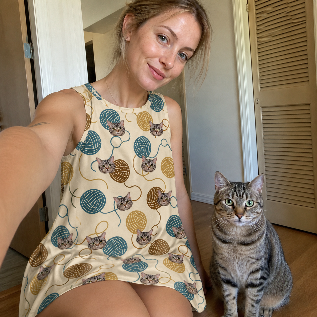 Selfie with the pet whose face is printed all over this Women's Bobbin Bengals Custom Cat Face Tank Dress