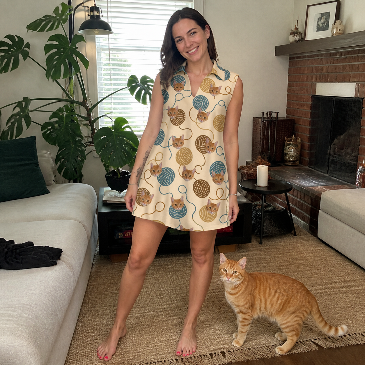 Full-length photo with the pet printed all over this Women's Bobbin Bengals Custom Cat Face V-Neck Dress