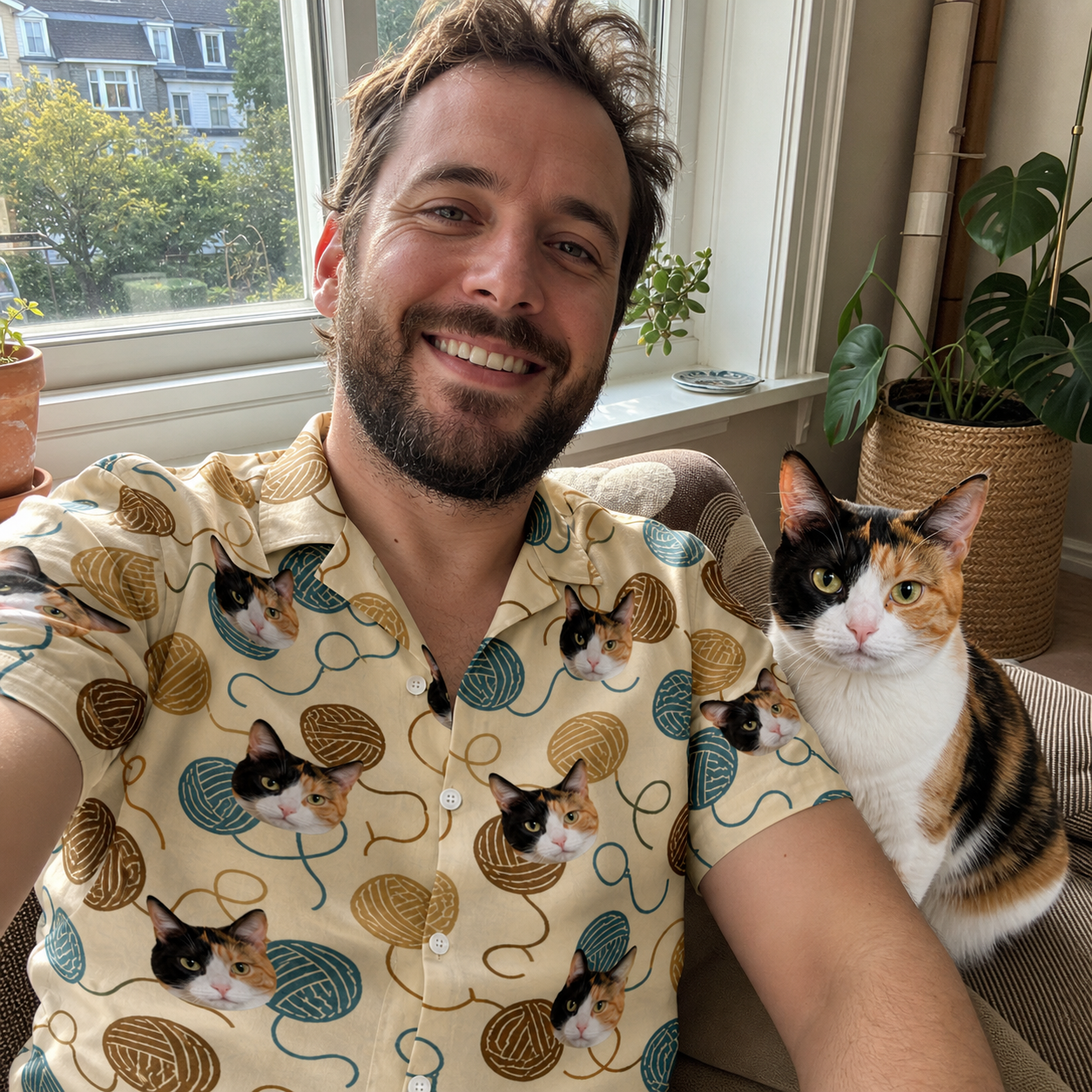 Selfie with the pet whose face is printed all over this Men's Bobbin Bengals Custom Cat Face Hawaiian Shirt