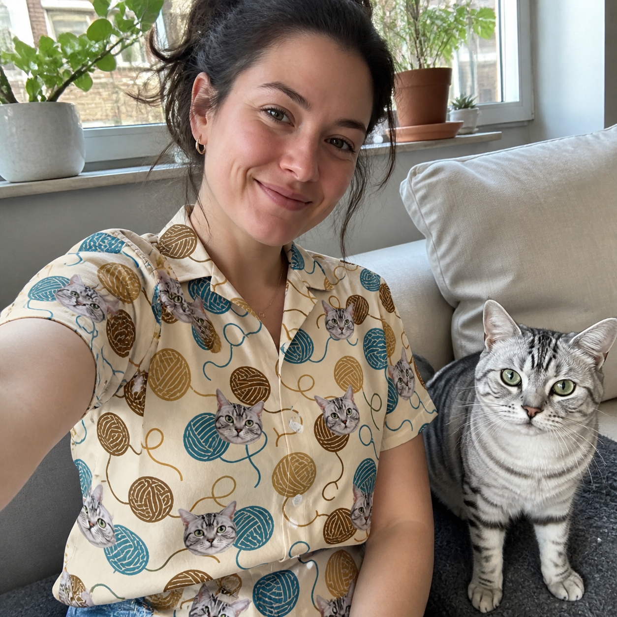 Selfie with the pet whose face is printed all over this Women's Bobbin Bengals Custom Cat Face Hawaiian Shirt