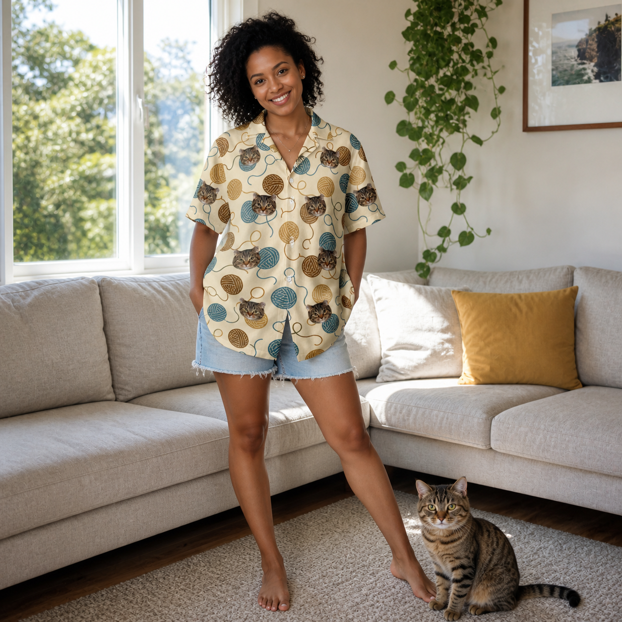 Full-length photo with the pet printed all over this Women's Bobbin Bengals Custom Cat Face Hawaiian Shirt