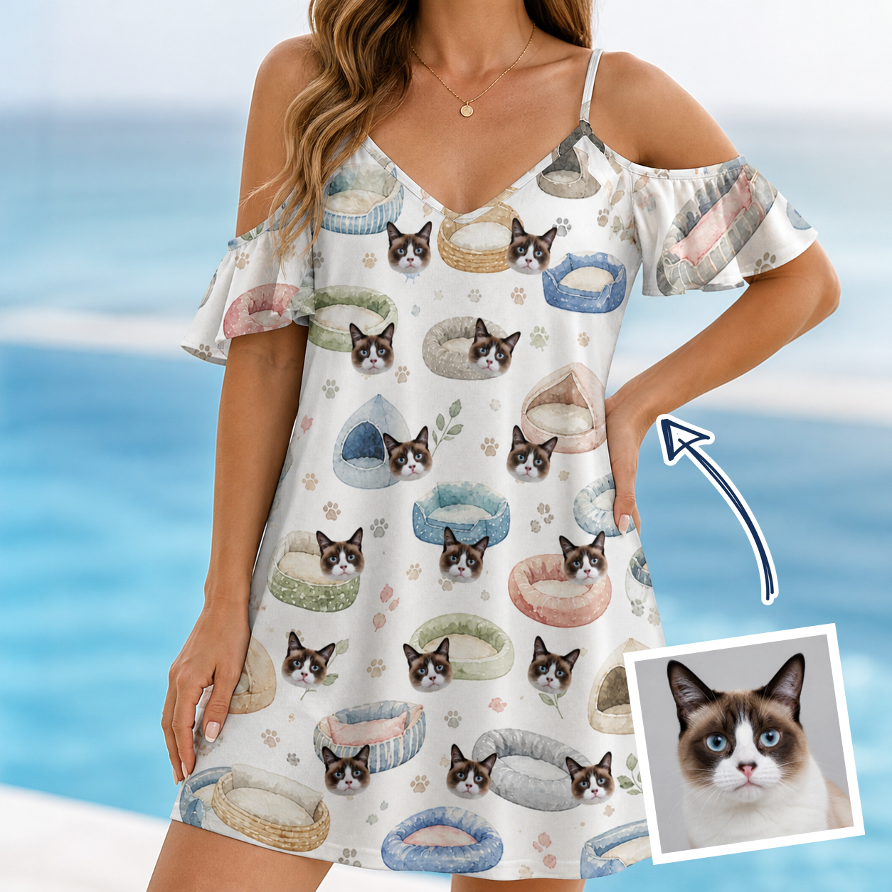 Woman wearing Women's Dreamy Dens Custom Cat Face Off-Shoulder Dress — custom faces printed all-over