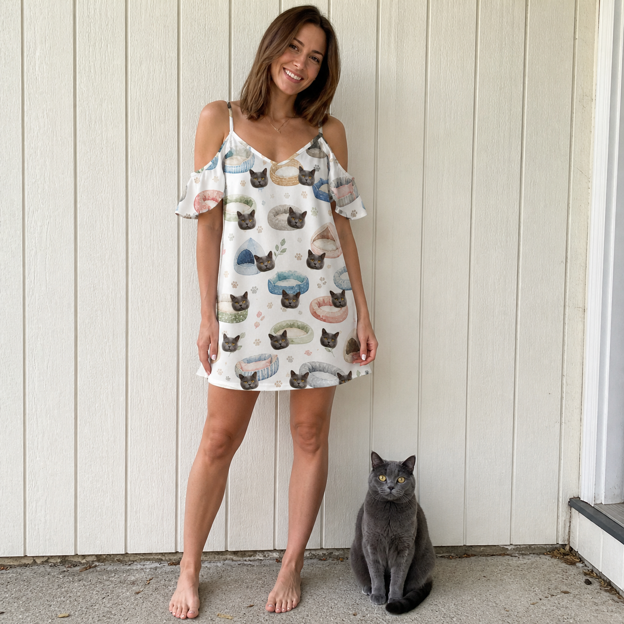 Full-length photo with the pet printed all over this Women's Dreamy Dens Custom Cat Face Off-Shoulder Dress