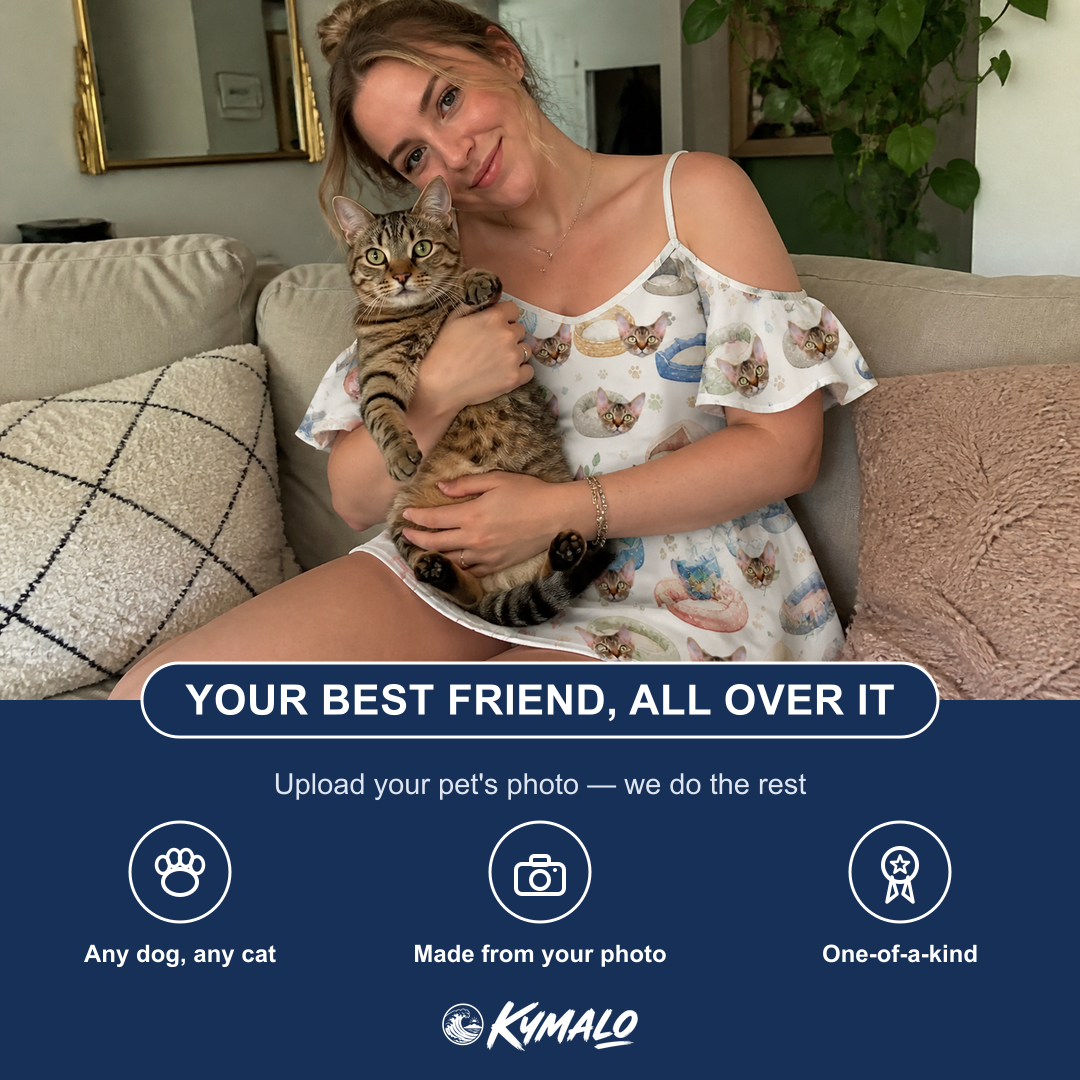 Friends in matching Women's Dreamy Dens Custom Cat Face Off-Shoulder Dress — a group gift photo