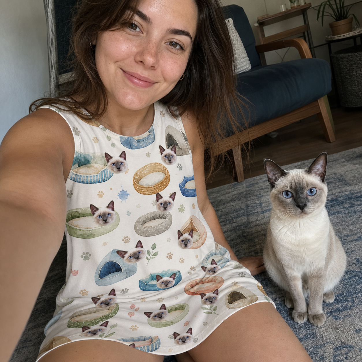 Selfie with the pet whose face is printed all over this Women's Dreamy Dens Custom Cat Face Tank Dress