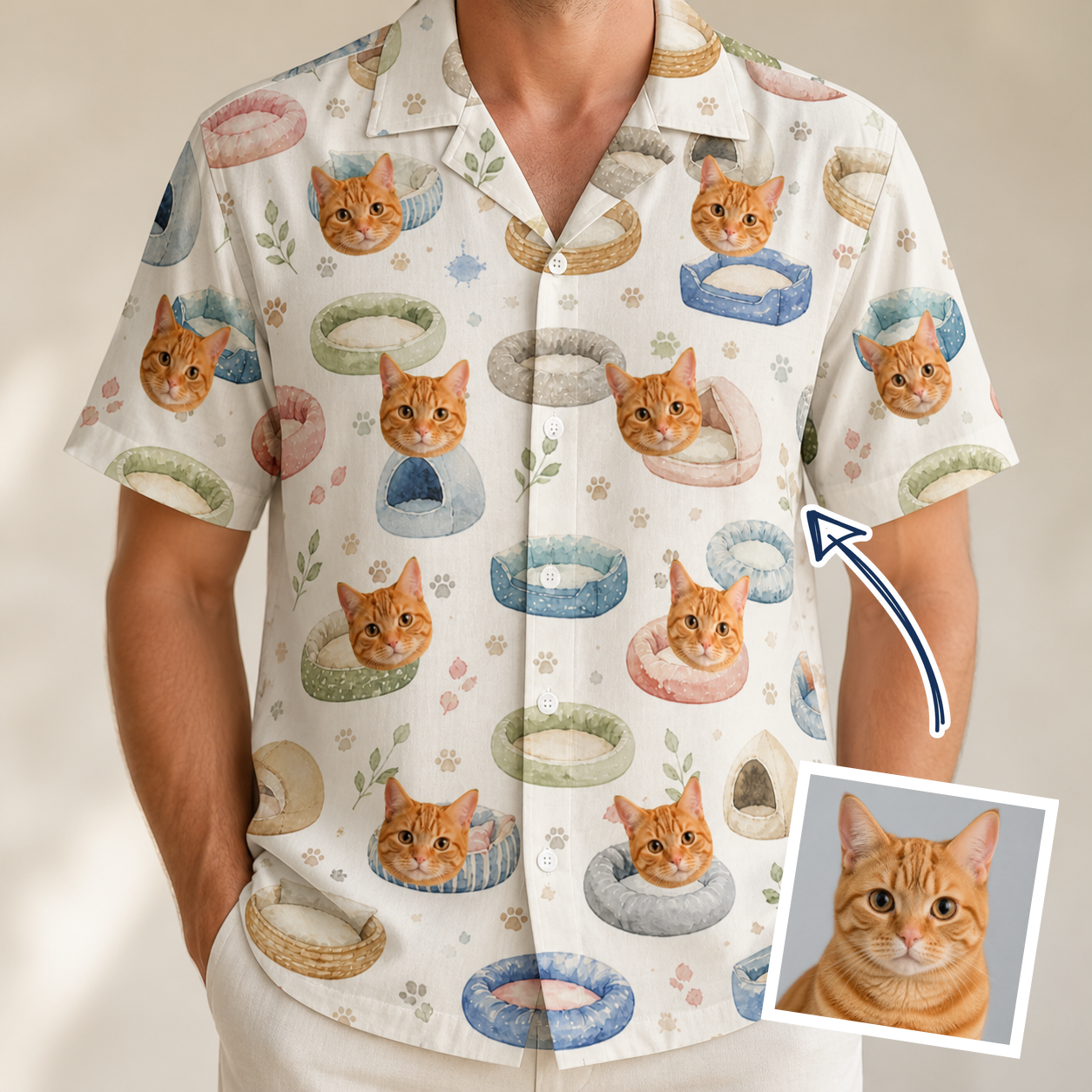 Man wearing Men's Dreamy Dens Custom Cat Face Hawaiian Shirt — custom faces printed all-over