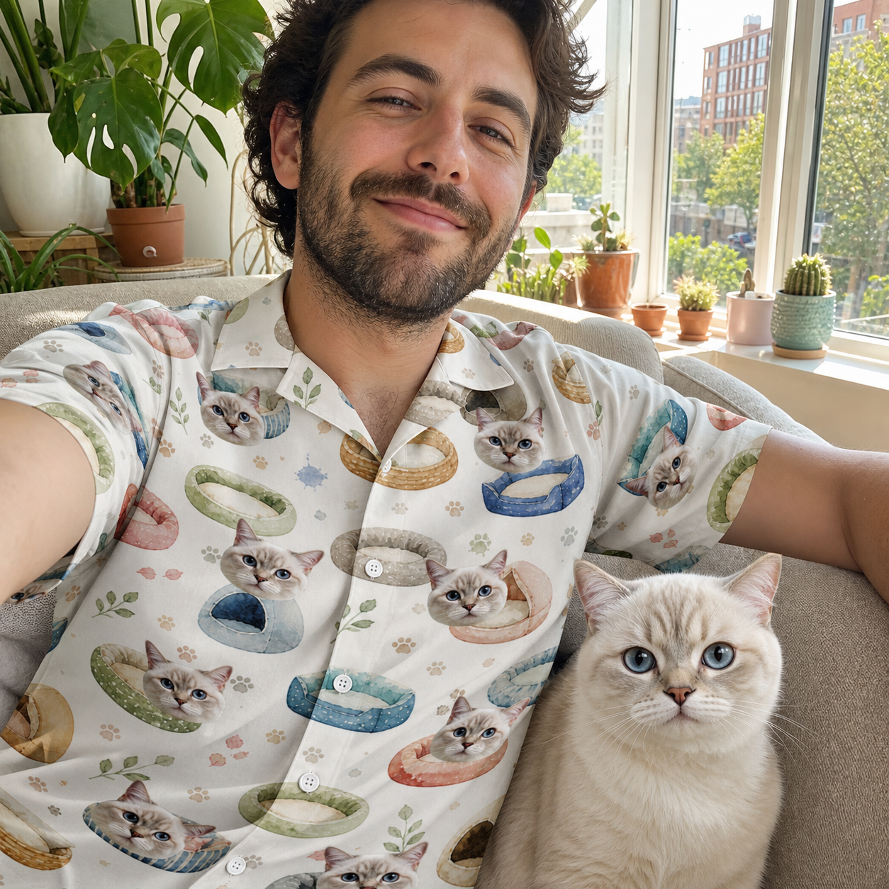 Selfie with the pet whose face is printed all over this Men's Dreamy Dens Custom Cat Face Hawaiian Shirt