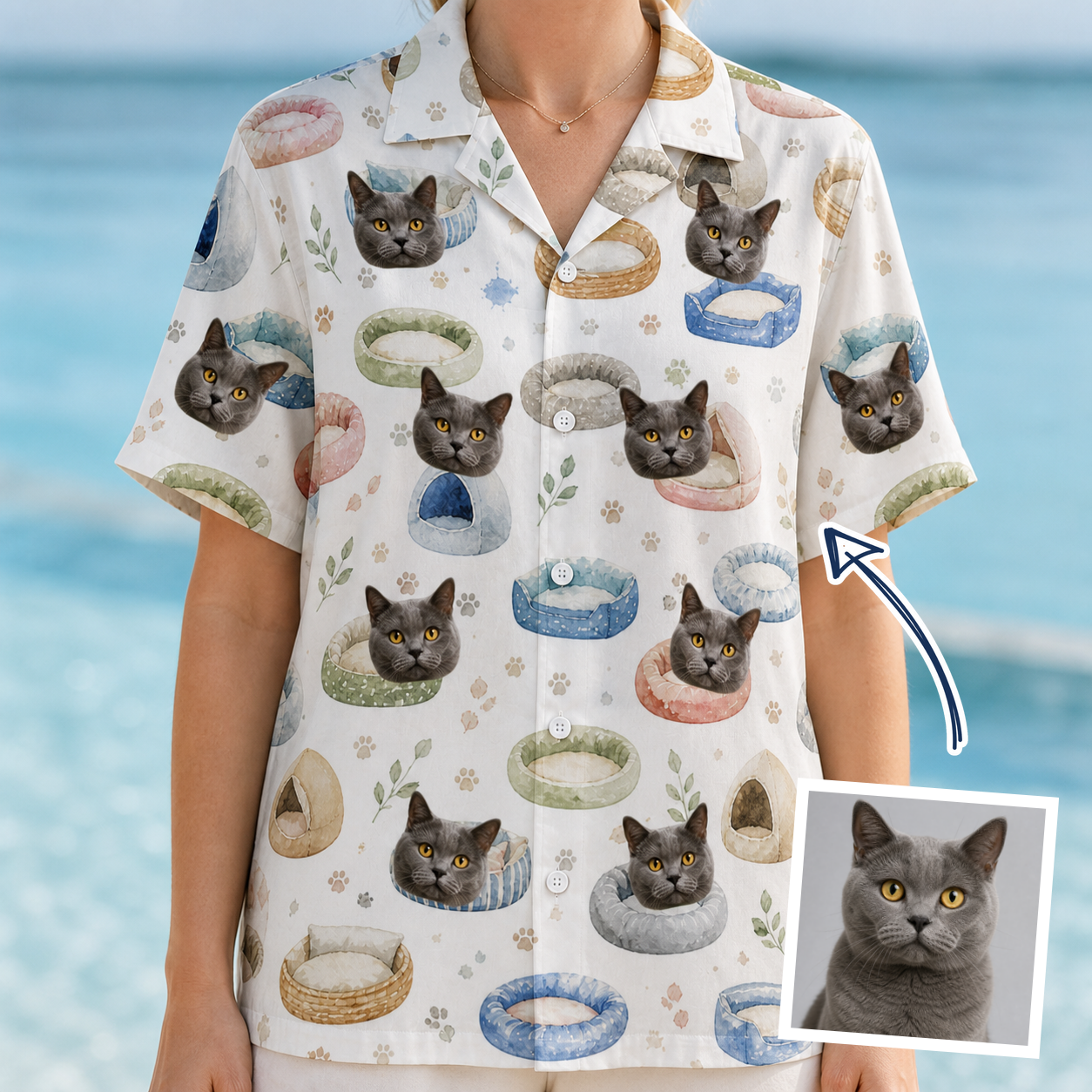 Woman wearing Women's Dreamy Dens Custom Cat Face Hawaiian Shirt — custom faces printed all-over