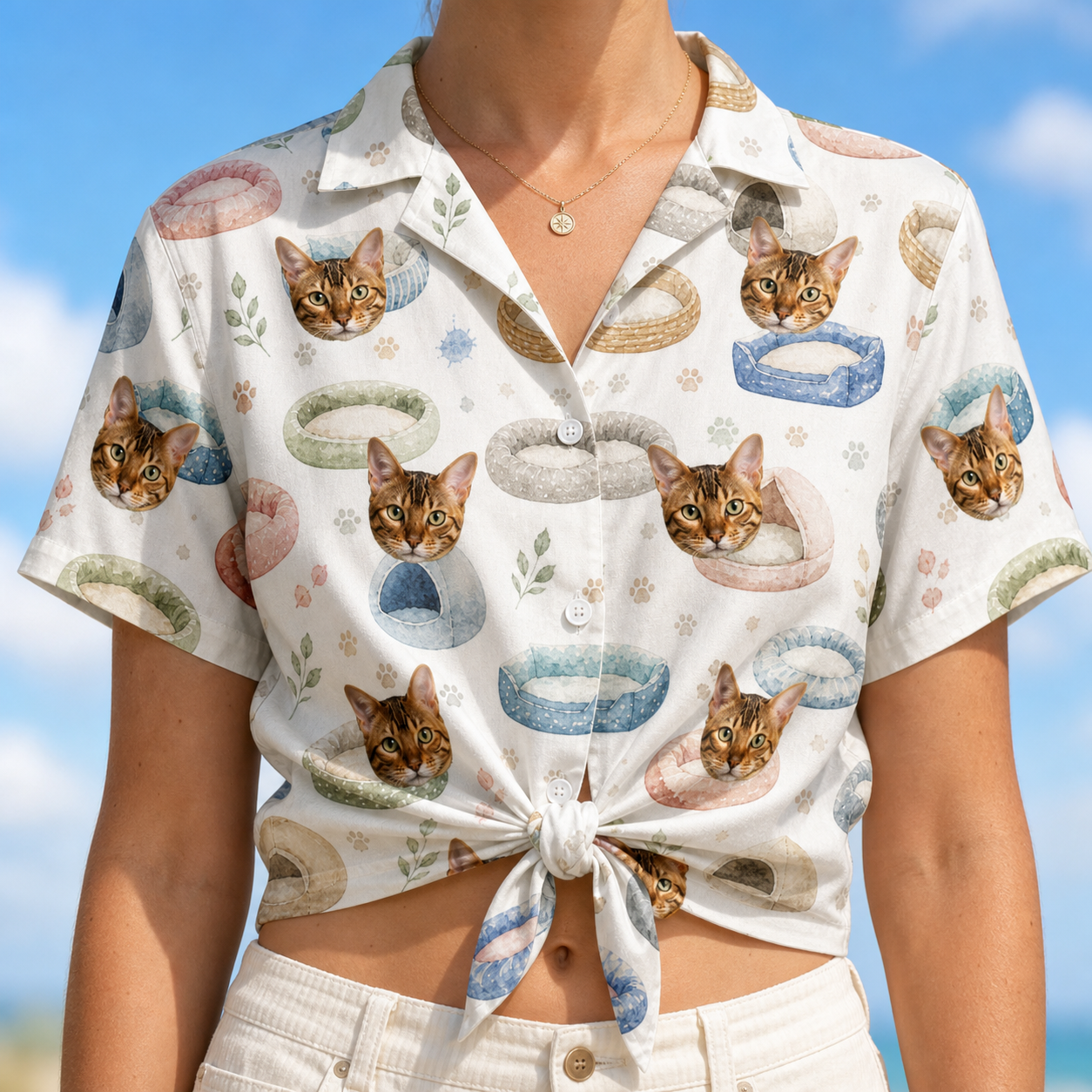 Woman wearing Women's Dreamy Dens Custom Cat Face Hawaiian Shirt tied at the waist