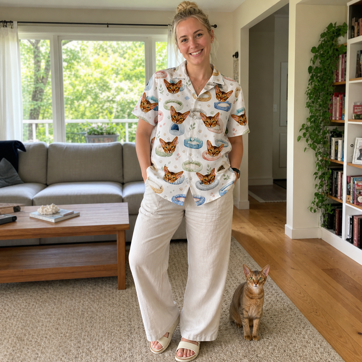 Full-length photo with the pet printed all over this Women's Dreamy Dens Custom Cat Face Hawaiian Shirt