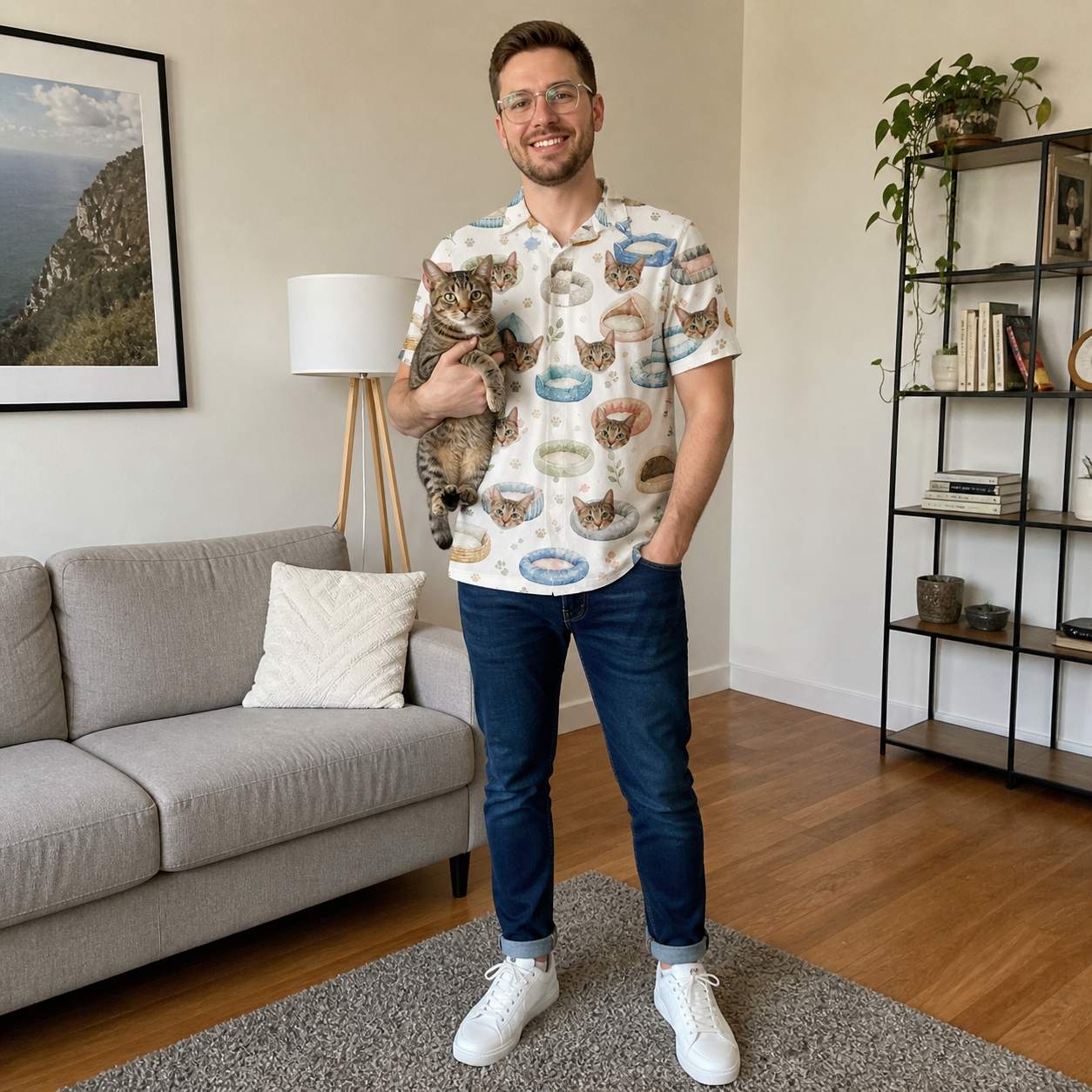 Full-length photo with the pet printed all over this Men's Dreamy Dens Custom Cat Face Polo Shirt