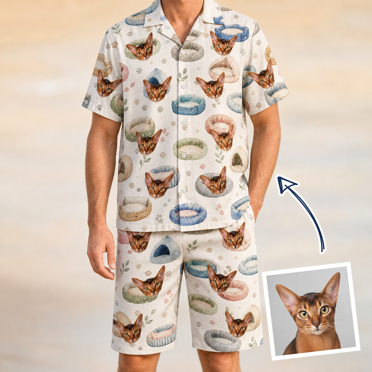 Man wearing Men's Dreamy Dens Custom Cat Face Shirt & Shorts Set — custom faces printed all-over