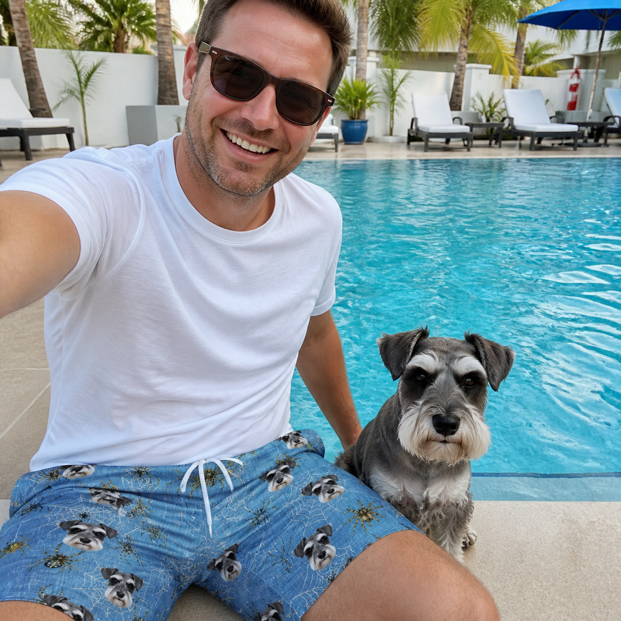 Selfie with the pet whose face is printed all over this Men's Scuttle Sideshow Custom Dog Face Beach Shorts