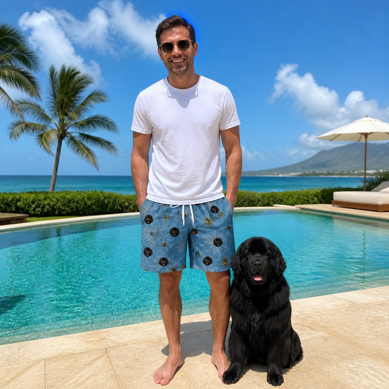 Full-length photo with the pet printed all over this Men's Scuttle Sideshow Custom Dog Face Beach Shorts
