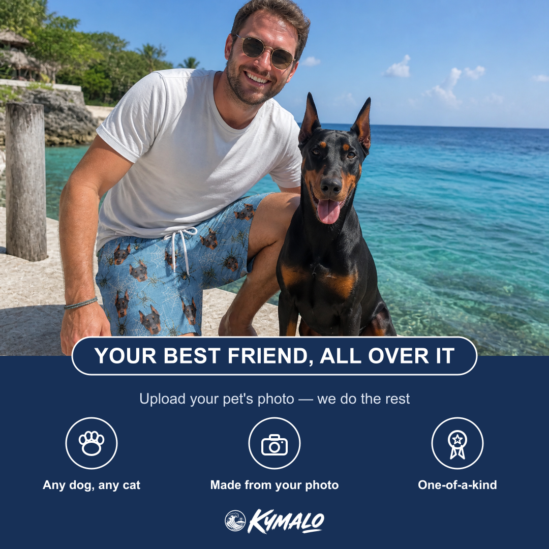 Friends in matching Men's Scuttle Sideshow Custom Dog Face Beach Shorts — a group gift photo