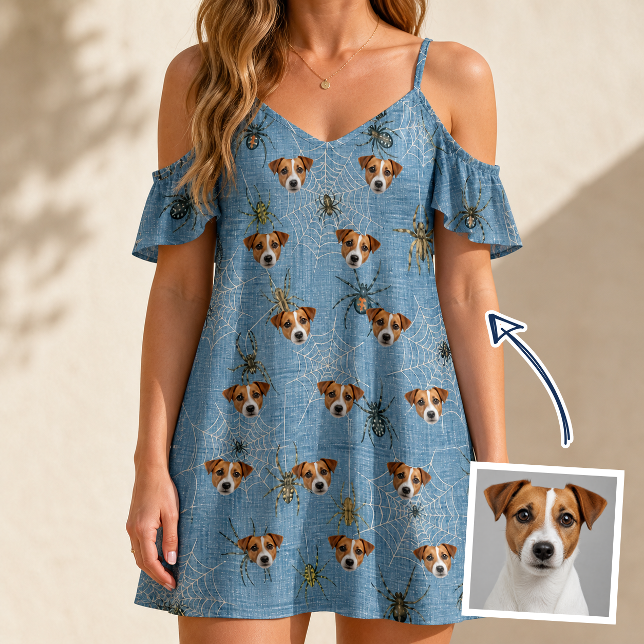 Woman wearing Women's Scuttle Sideshow Custom Dog Face Off-Shoulder Dress — custom faces printed all-over