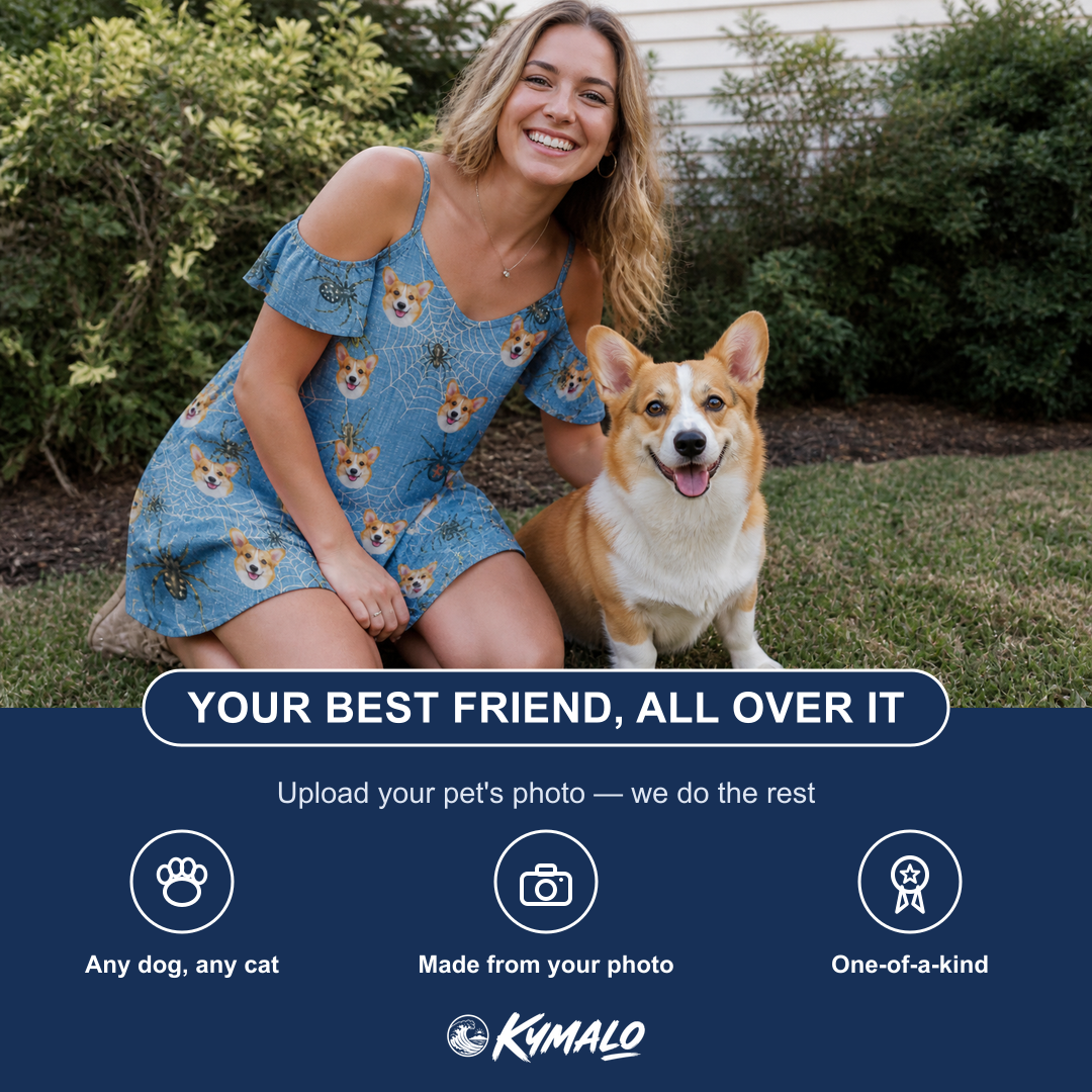 Friends in matching Women's Scuttle Sideshow Custom Dog Face Off-Shoulder Dress — a group gift photo