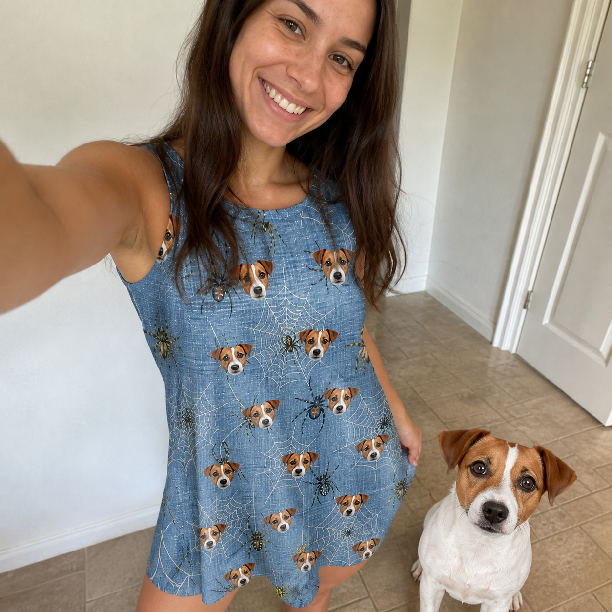 Selfie with the pet whose face is printed all over this Women's Scuttle Sideshow Custom Dog Face Tank Dress