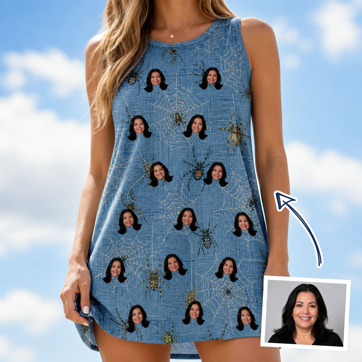 Woman wearing Women's Scuttle Sideshow Custom Face Tank Dress — custom faces printed all-over