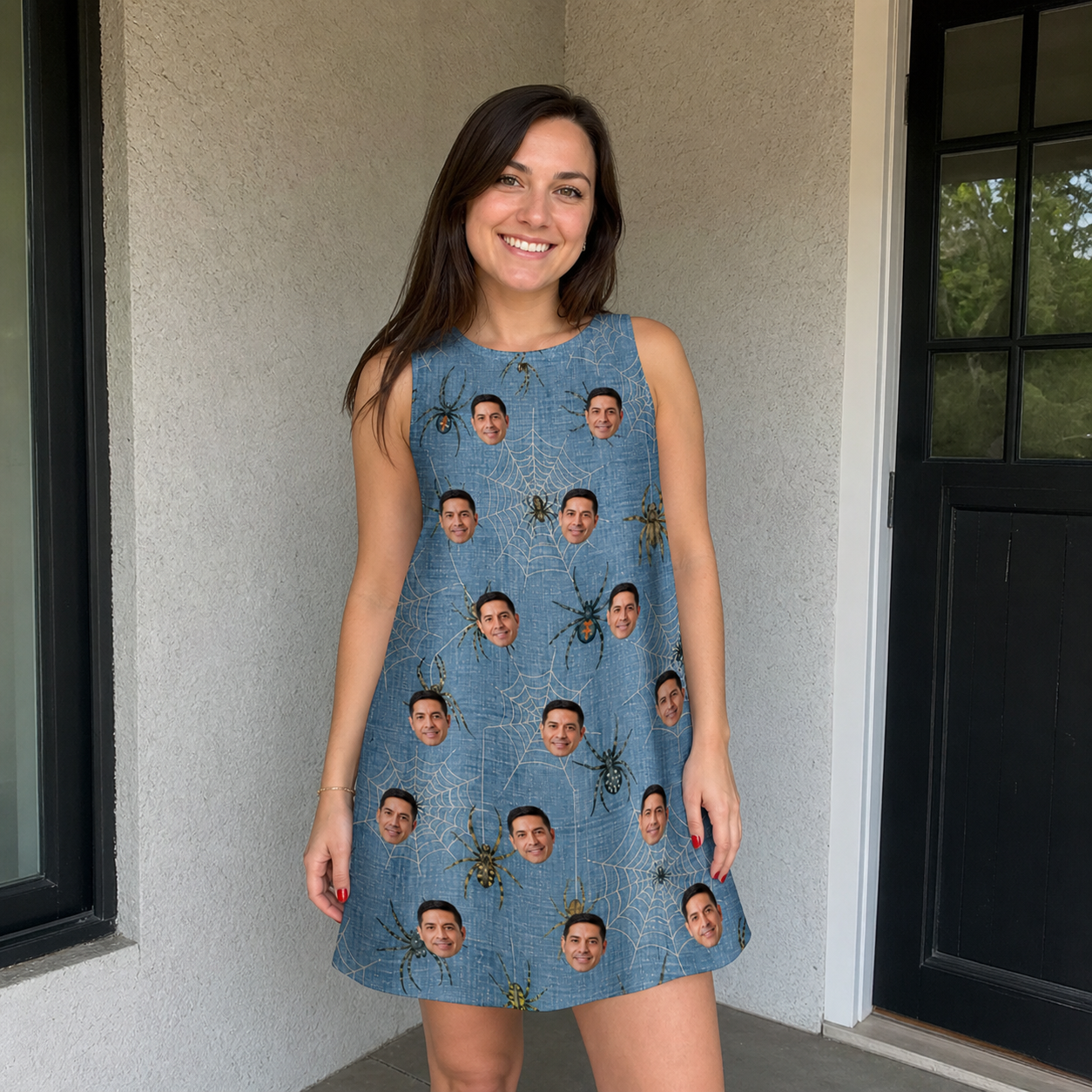 Real-life photo of someone wearing Women's Scuttle Sideshow Custom Face Tank Dress — custom faces printed all-over