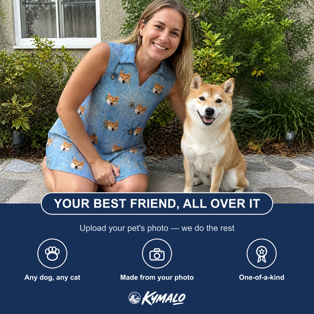 Friends in matching Women's Scuttle Sideshow Custom Dog Face V-Neck Dress — a group gift photo