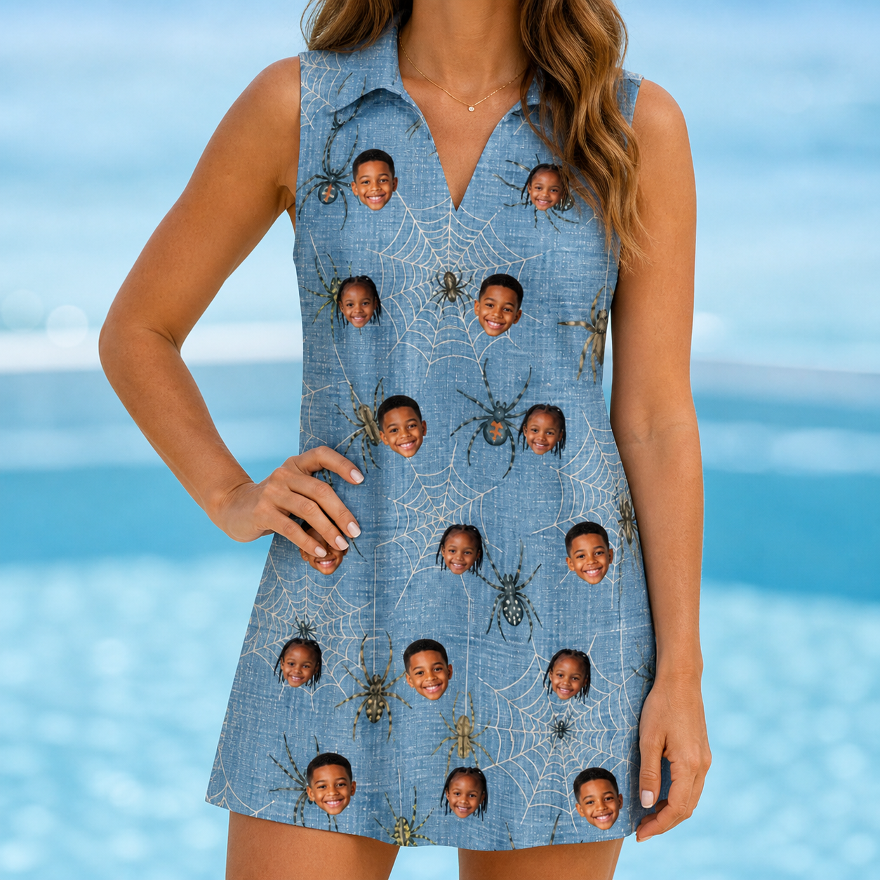 Model wearing Women's Scuttle Sideshow Custom Face V-Neck Dress printed with kids' faces
