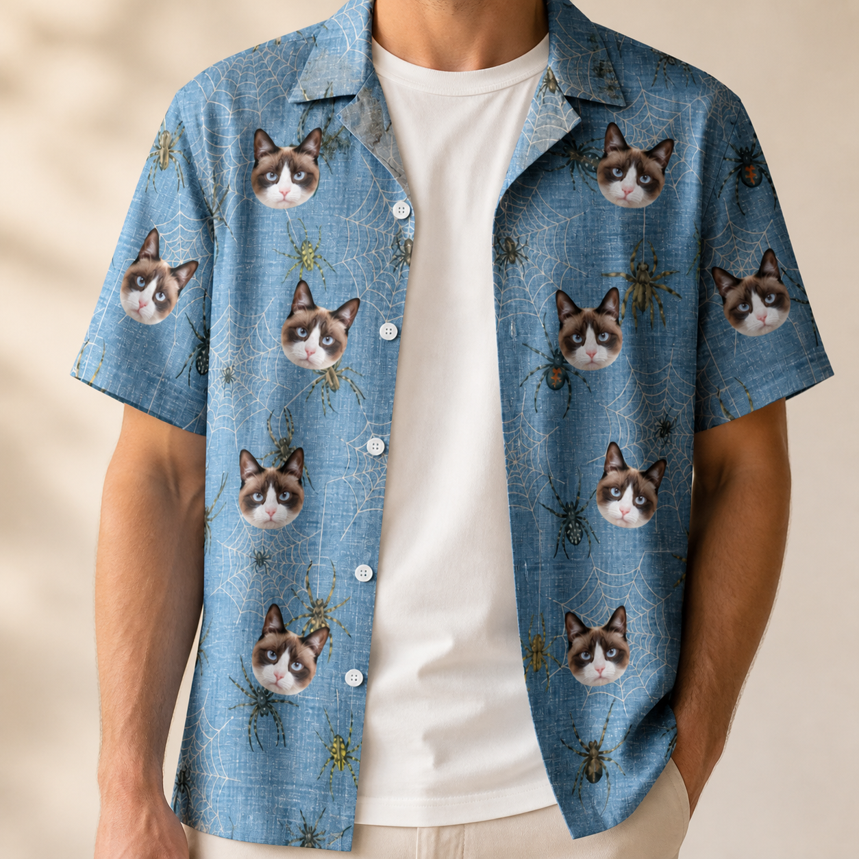 Man wearing Men's Scuttle Sideshow Custom Cat Face Hawaiian Shirt open over a white tee