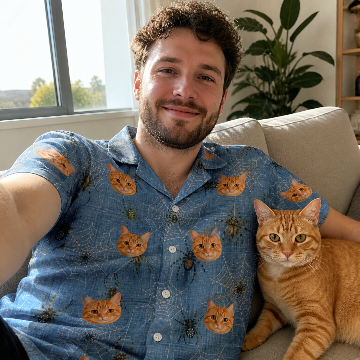 Selfie with the pet whose face is printed all over this Men's Scuttle Sideshow Custom Cat Face Hawaiian Shirt