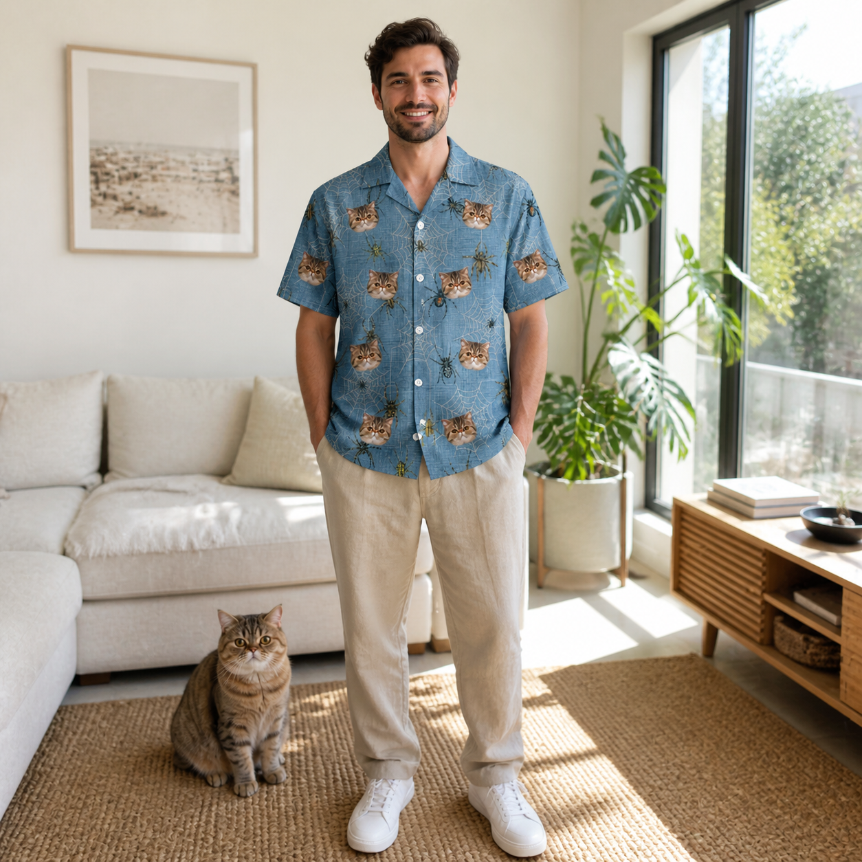 Full-length photo with the pet printed all over this Men's Scuttle Sideshow Custom Cat Face Hawaiian Shirt