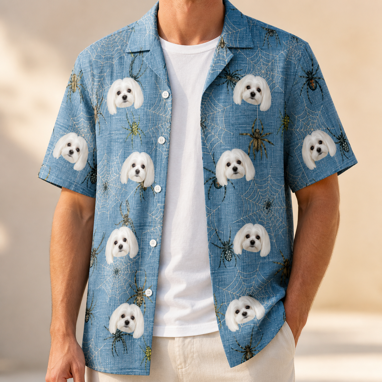 Man wearing Men's Scuttle Sideshow Custom Dog Face Hawaiian Shirt open over a white tee