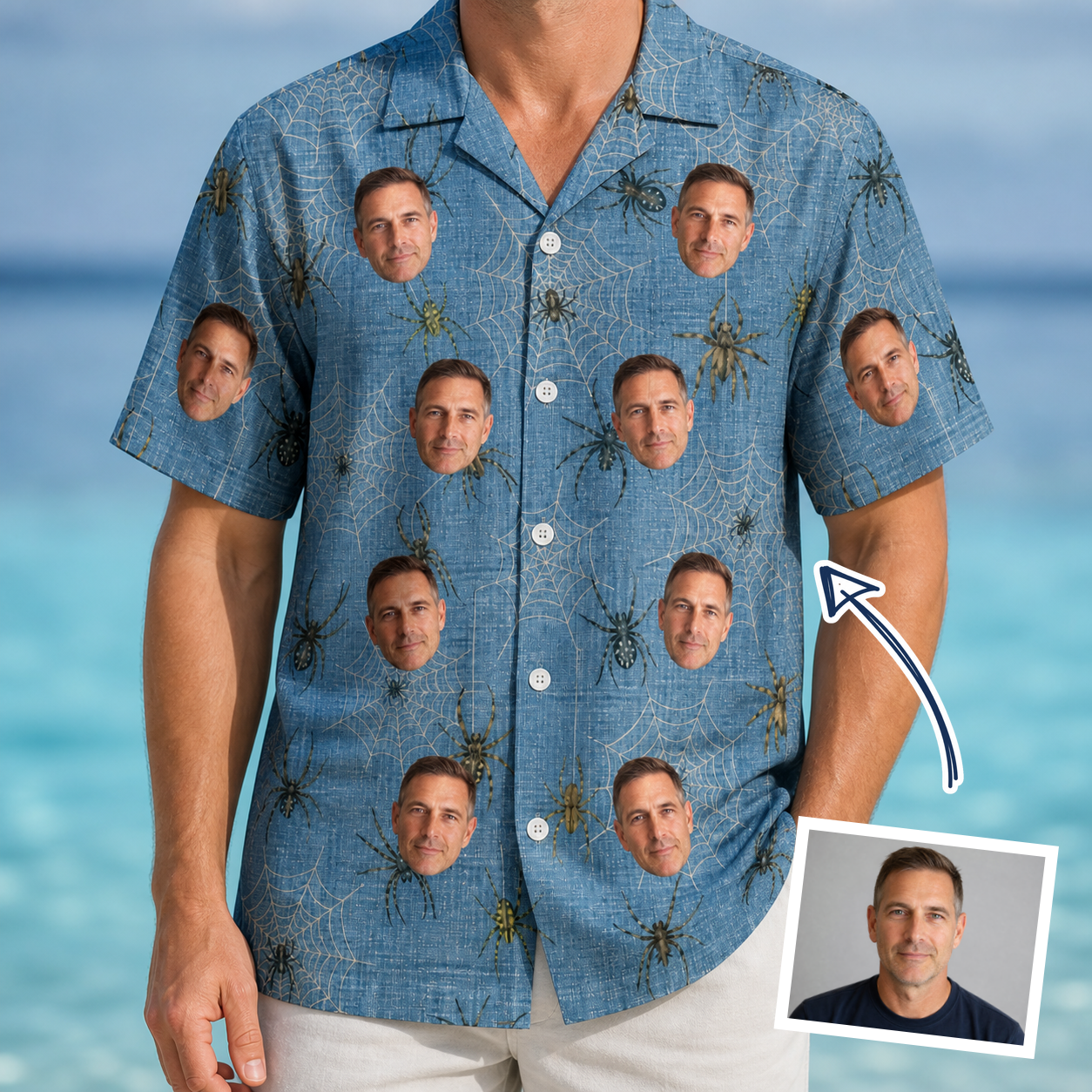 Man wearing Men's Scuttle Sideshow Custom Face Hawaiian Shirt — custom faces printed all-over