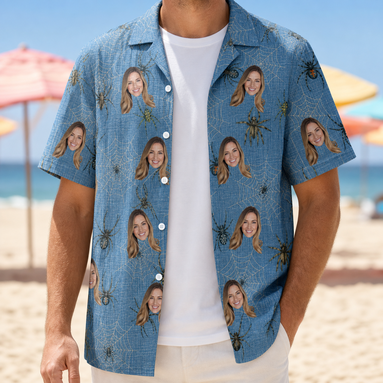 Man wearing Men's Scuttle Sideshow Custom Face Hawaiian Shirt open over a white tee