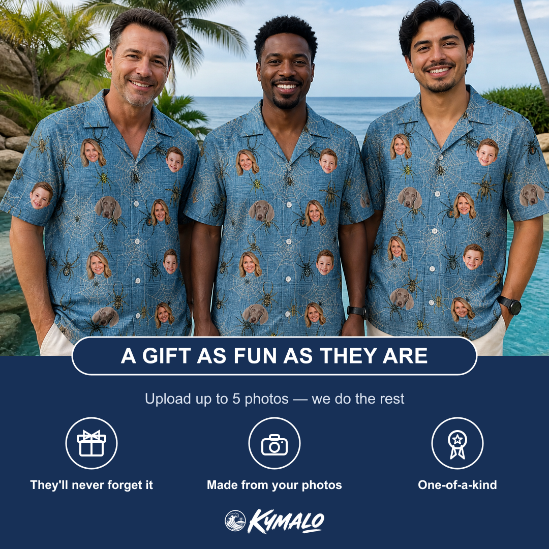 Friends in matching Men's Scuttle Sideshow Custom Face Hawaiian Shirt — a group gift photo