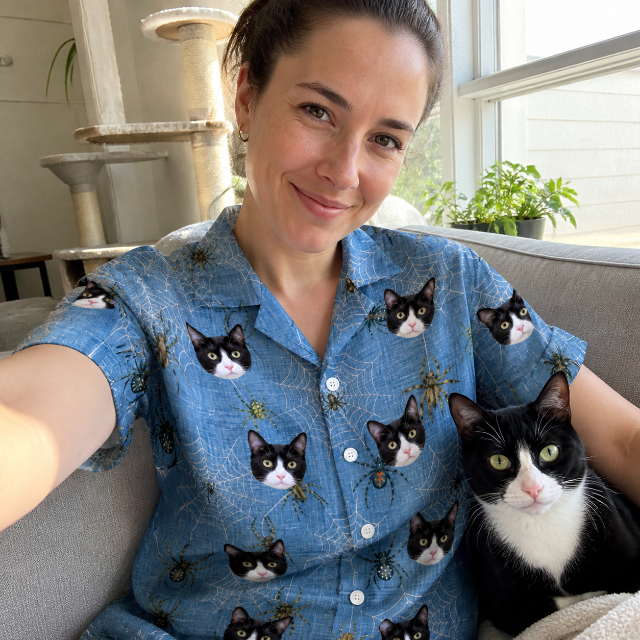 Selfie with the pet whose face is printed all over this Women's Scuttle Sideshow Custom Cat Face Hawaiian Shirt