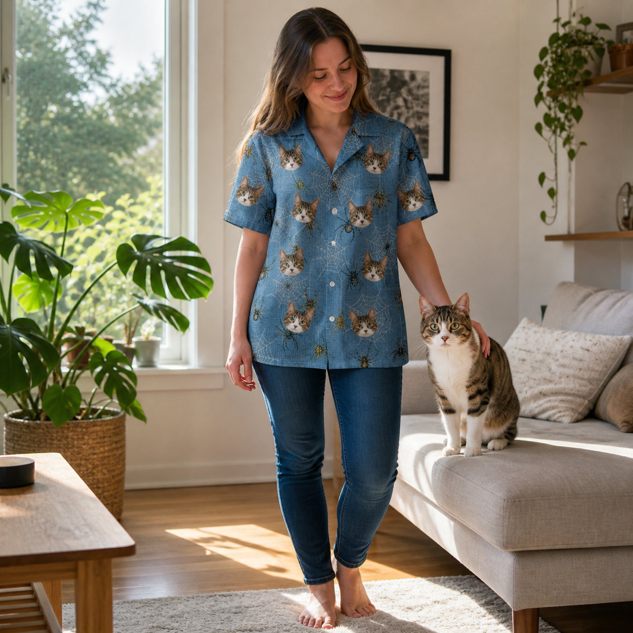 Full-length photo with the pet printed all over this Women's Scuttle Sideshow Custom Cat Face Hawaiian Shirt