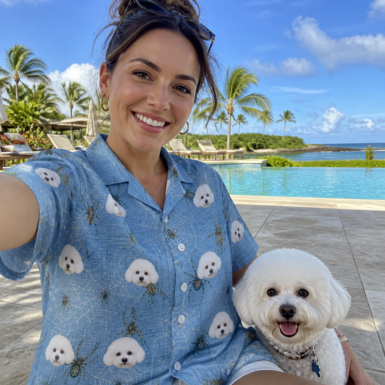 Selfie with the pet whose face is printed all over this Women's Scuttle Sideshow Custom Dog Face Hawaiian Shirt