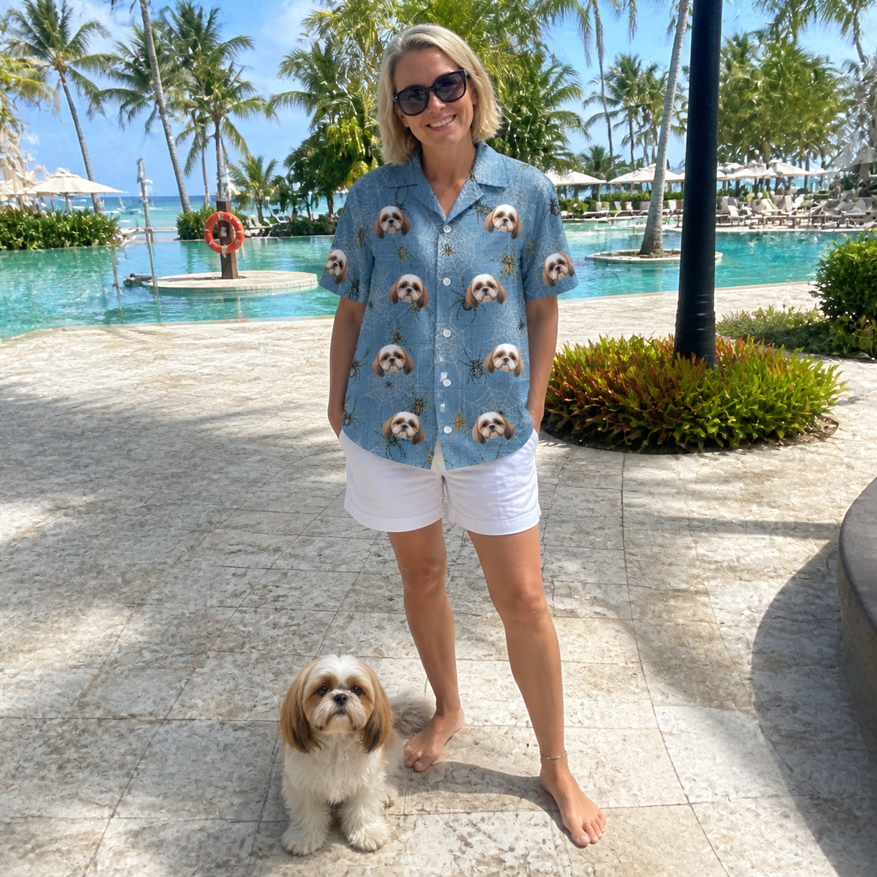 Full-length photo with the pet printed all over this Women's Scuttle Sideshow Custom Dog Face Hawaiian Shirt