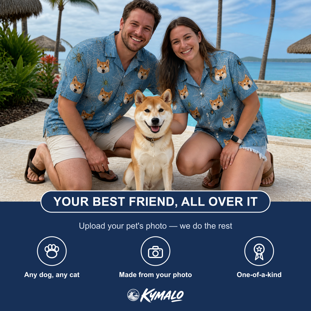 Friends in matching Women's Scuttle Sideshow Custom Dog Face Hawaiian Shirt — a group gift photo