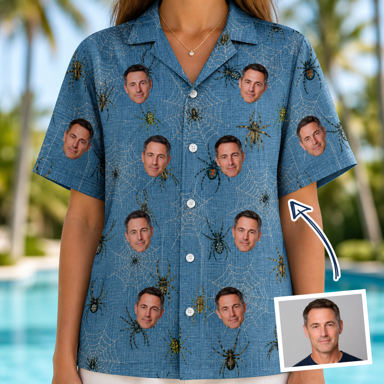 Woman wearing Women's Scuttle Sideshow Custom Face Hawaiian Shirt — custom faces printed all-over