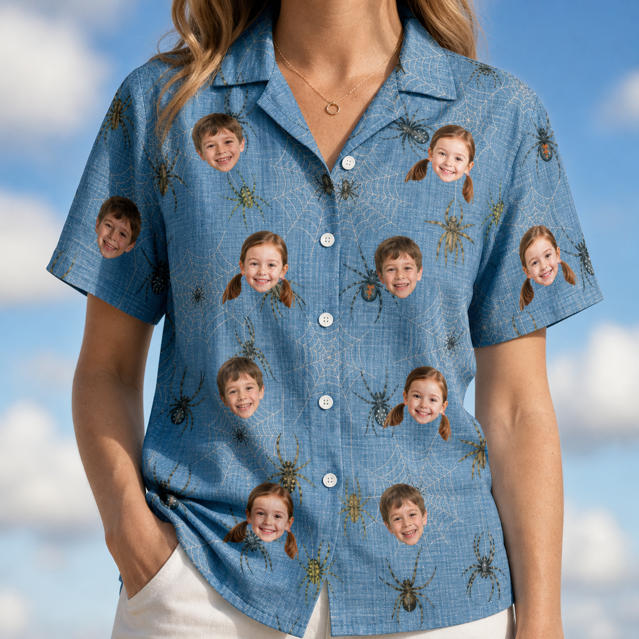 Model wearing Women's Scuttle Sideshow Custom Face Hawaiian Shirt printed with kids' faces