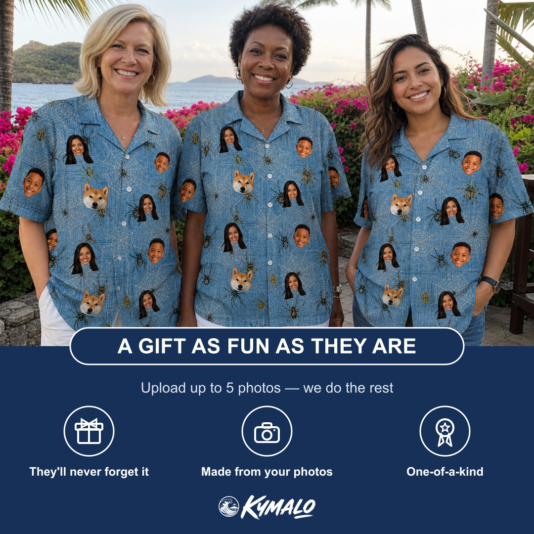 Friends in matching Women's Scuttle Sideshow Custom Face Hawaiian Shirt — a group gift photo