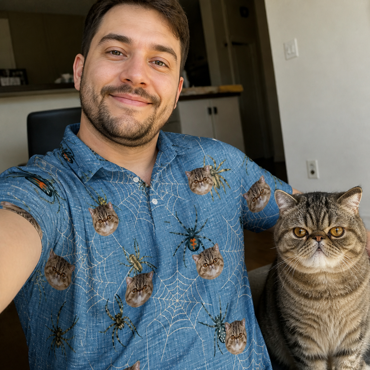 Selfie with the pet whose face is printed all over this Men's Scuttle Sideshow Custom Cat Face Polo Shirt
